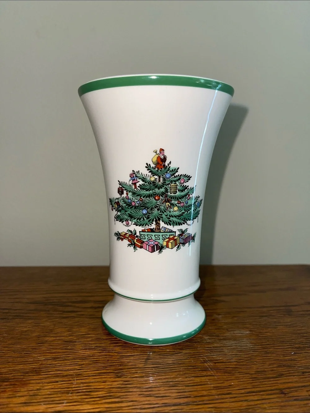 Spode Christmas Tree Ceramic Vase with Green Trim, made in England.